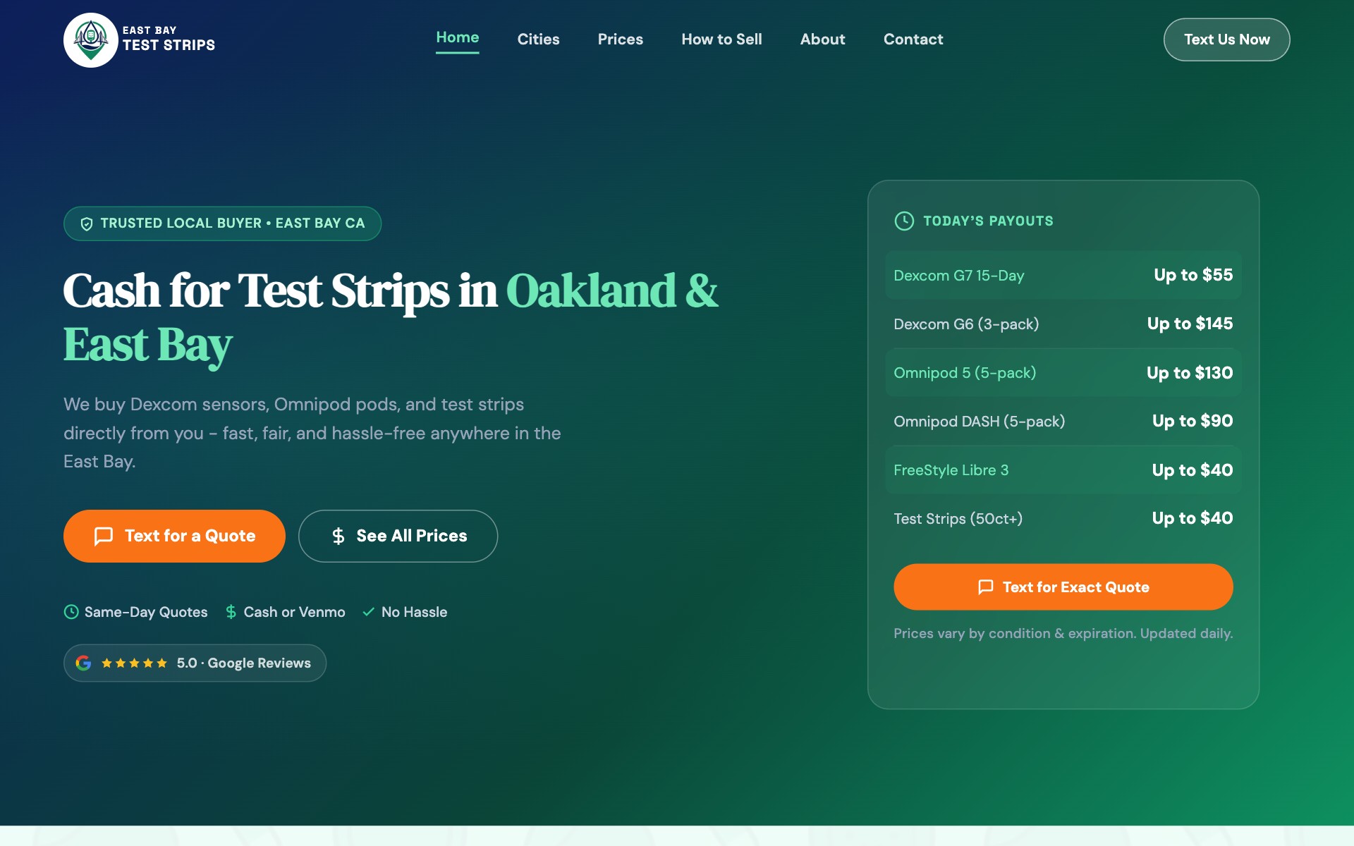 East Bay Test Strips homepage hero with pricing sidebar