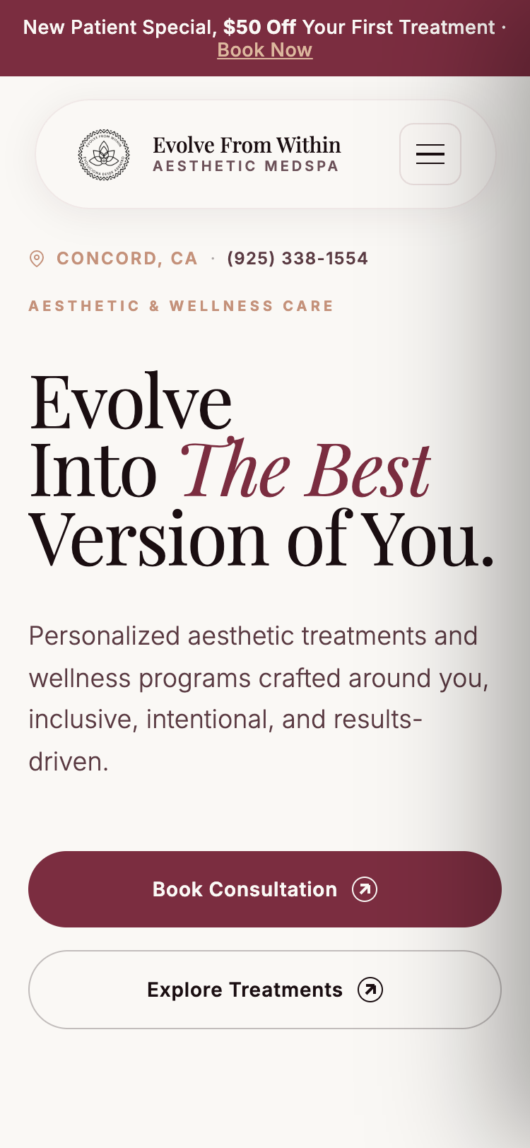 Mobile view of the Evolve From Within Aesthetic Medspa site with the booking button in reach of a thumb